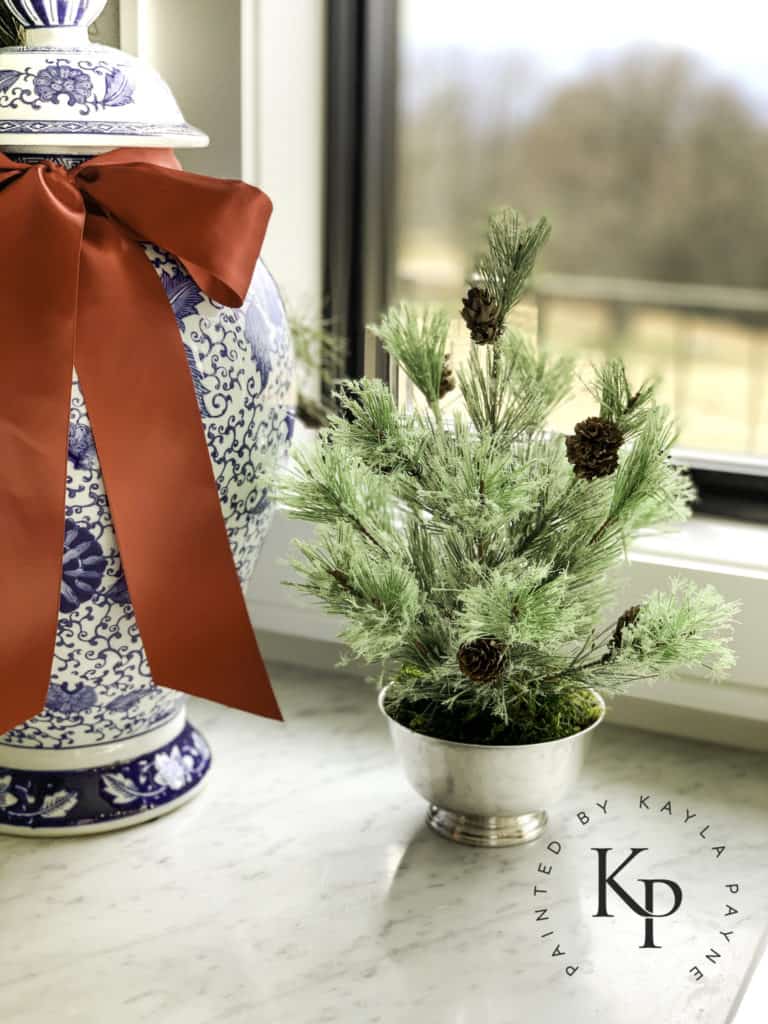 Tiny faux pine tree for kitchen holiday decor