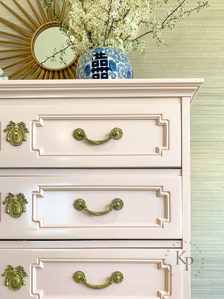 thomasville chest of drawers with brass hardware with ribbon and bow details, blush painted furniture