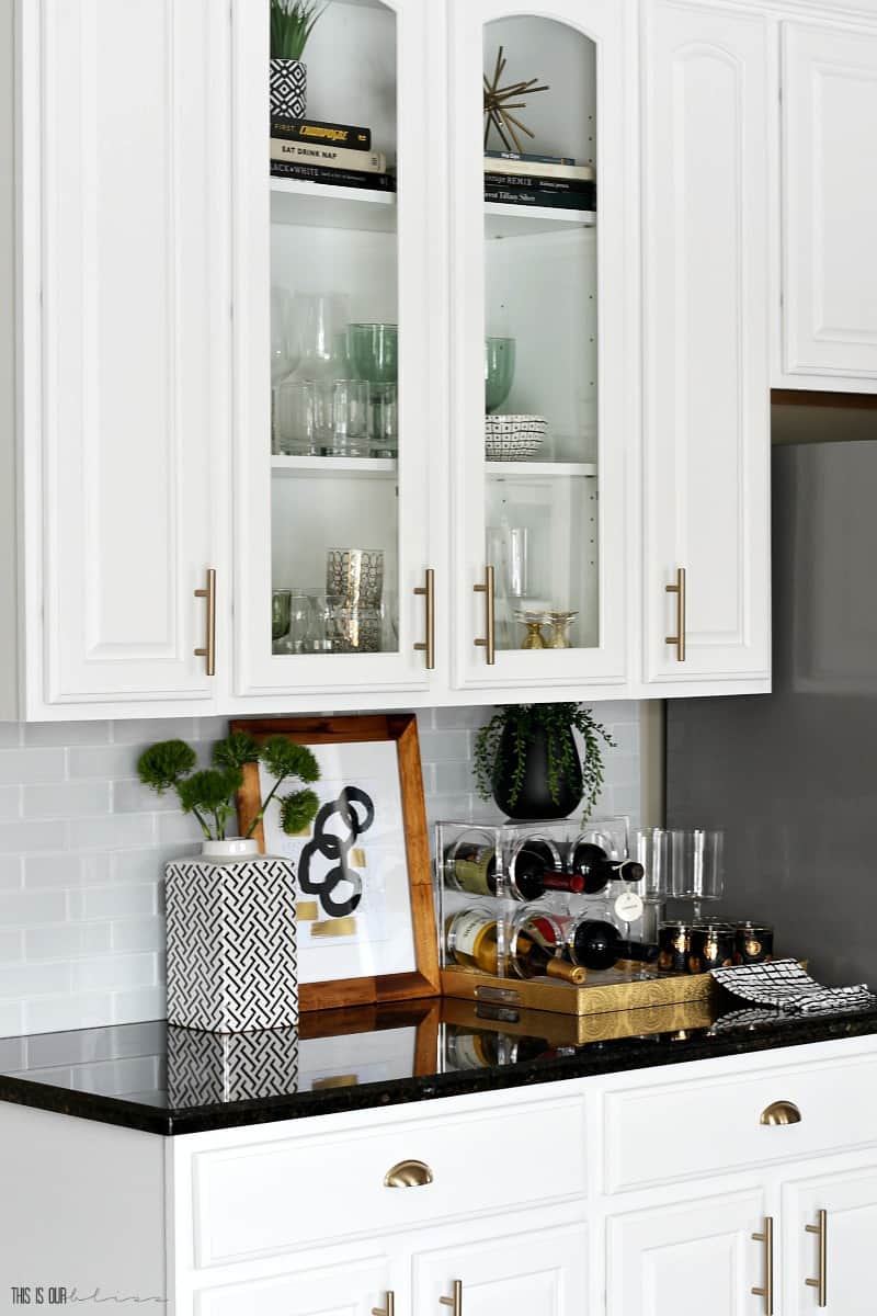 Updated White Kitchen Revamp Glass Cabinet Doors And Display This Is Our Bliss 