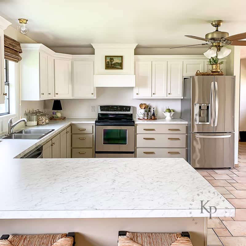 white and greige kitchen cabinets