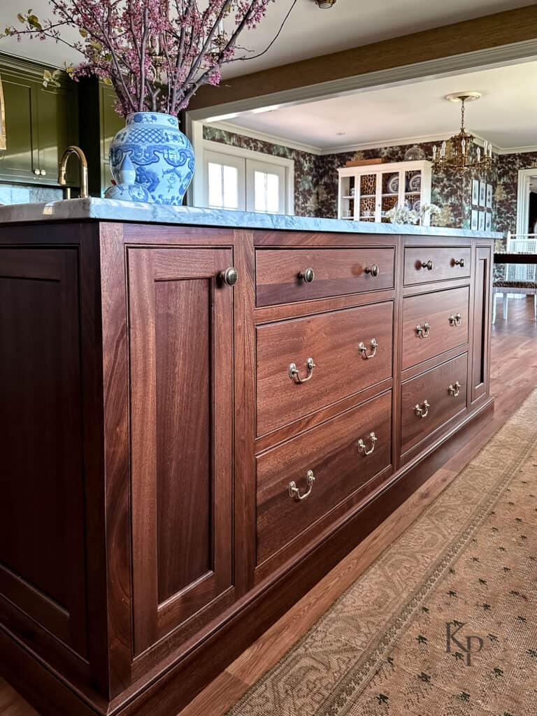 Sapele mahogany kitchen island. brass bail pulls for kitchen drawers
